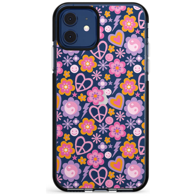 Peace, Love and Flowers Pattern Black Impact Phone Case for iPhone 11 Pro Max