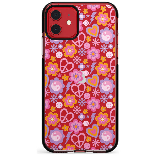 Peace, Love and Flowers Pattern Black Impact Phone Case for iPhone 11 Pro Max