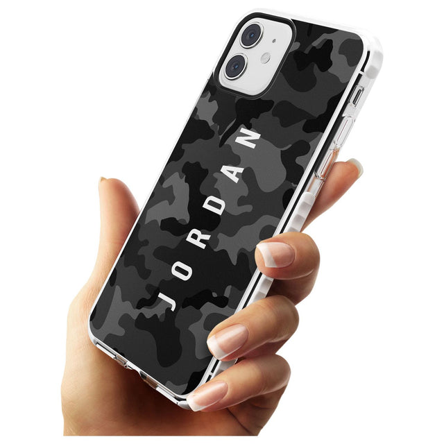Small Vertical Name Personalised Black Camouflage Impact Phone Case for iPhone 11