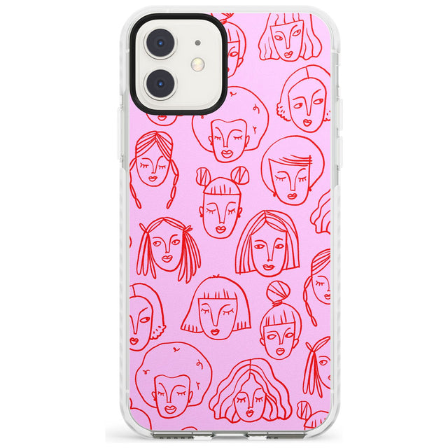 Girl Portrait Doodles in Pink & Red Impact Phone Case for iPhone 11