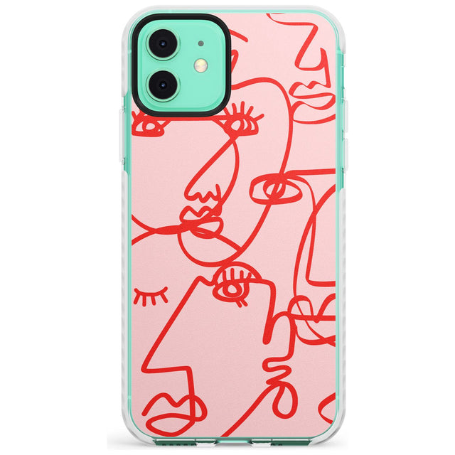 Continuous Line Faces: Red on Pink Slim TPU Phone Case for iPhone 11