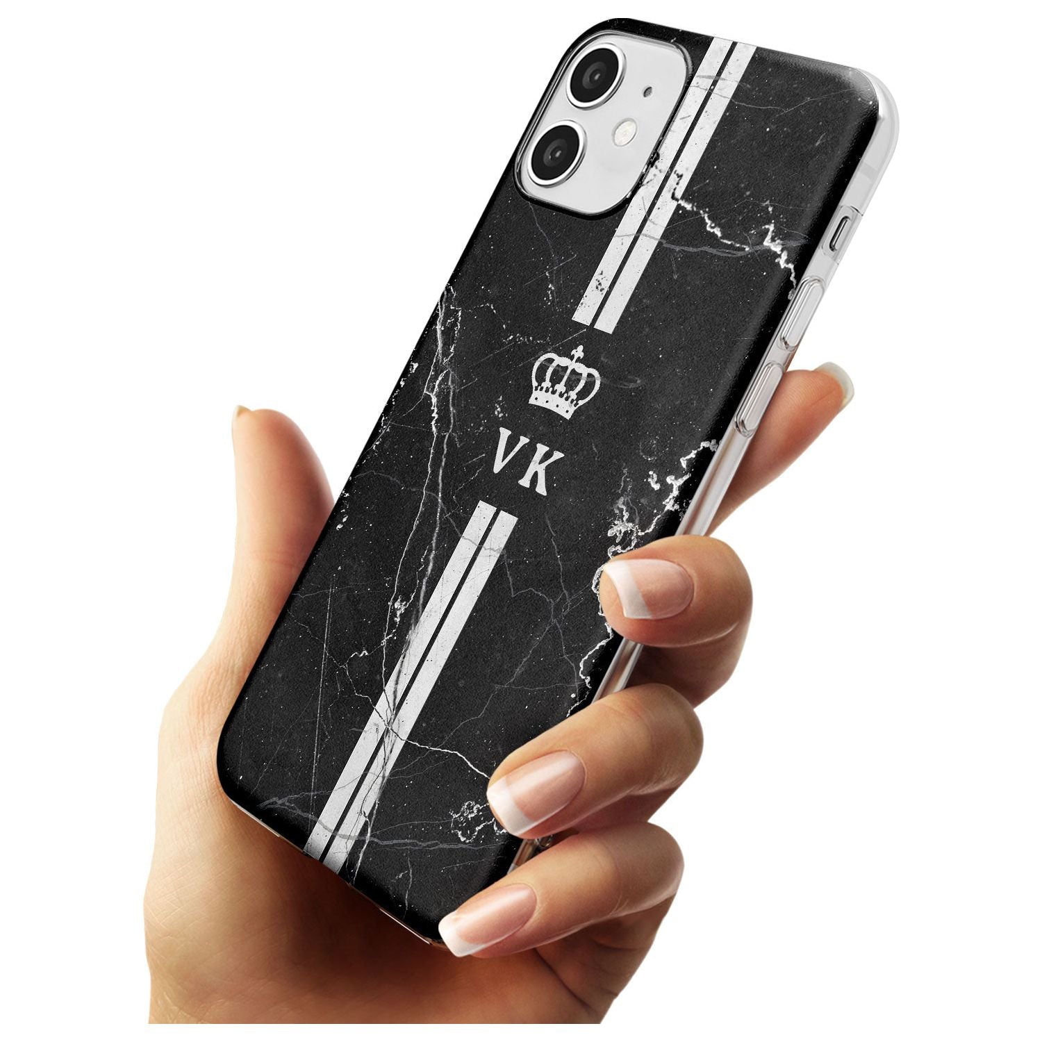 Stripes + Initials with Crown on Black Marble Slim TPU Phone Case for iPhone 11