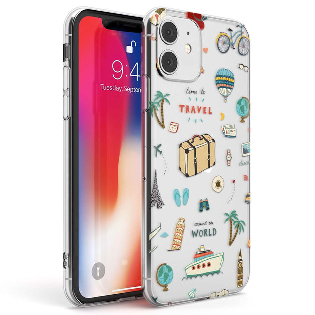 Cute Travel Pattern Transparent Phone Case iPhone 11 / Clear Case,iPhone 12 / Clear Case,iPhone 12 Mini / Clear Case Blanc Space