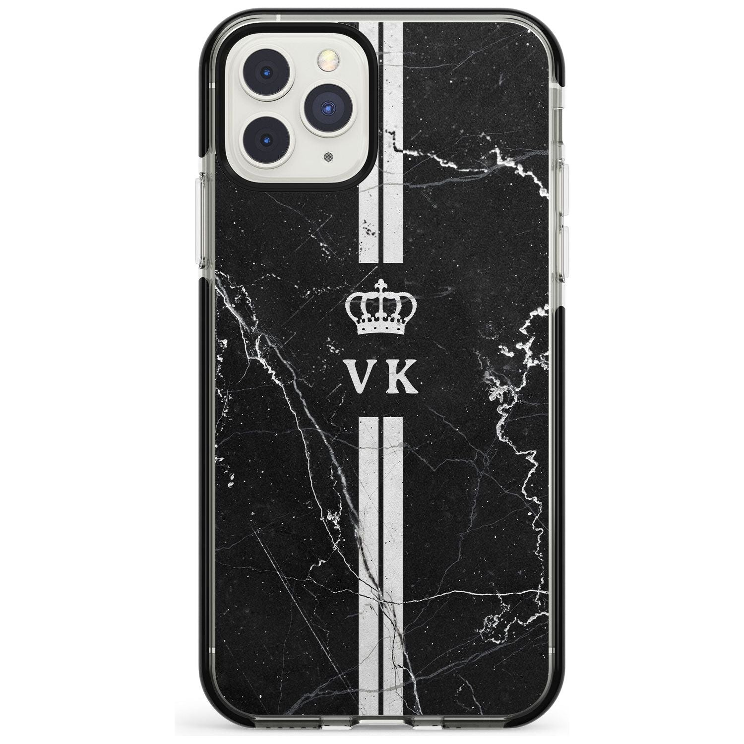 Stripes + Initials with Crown on Black Marble Black Impact Phone Case for iPhone 11 Pro Max