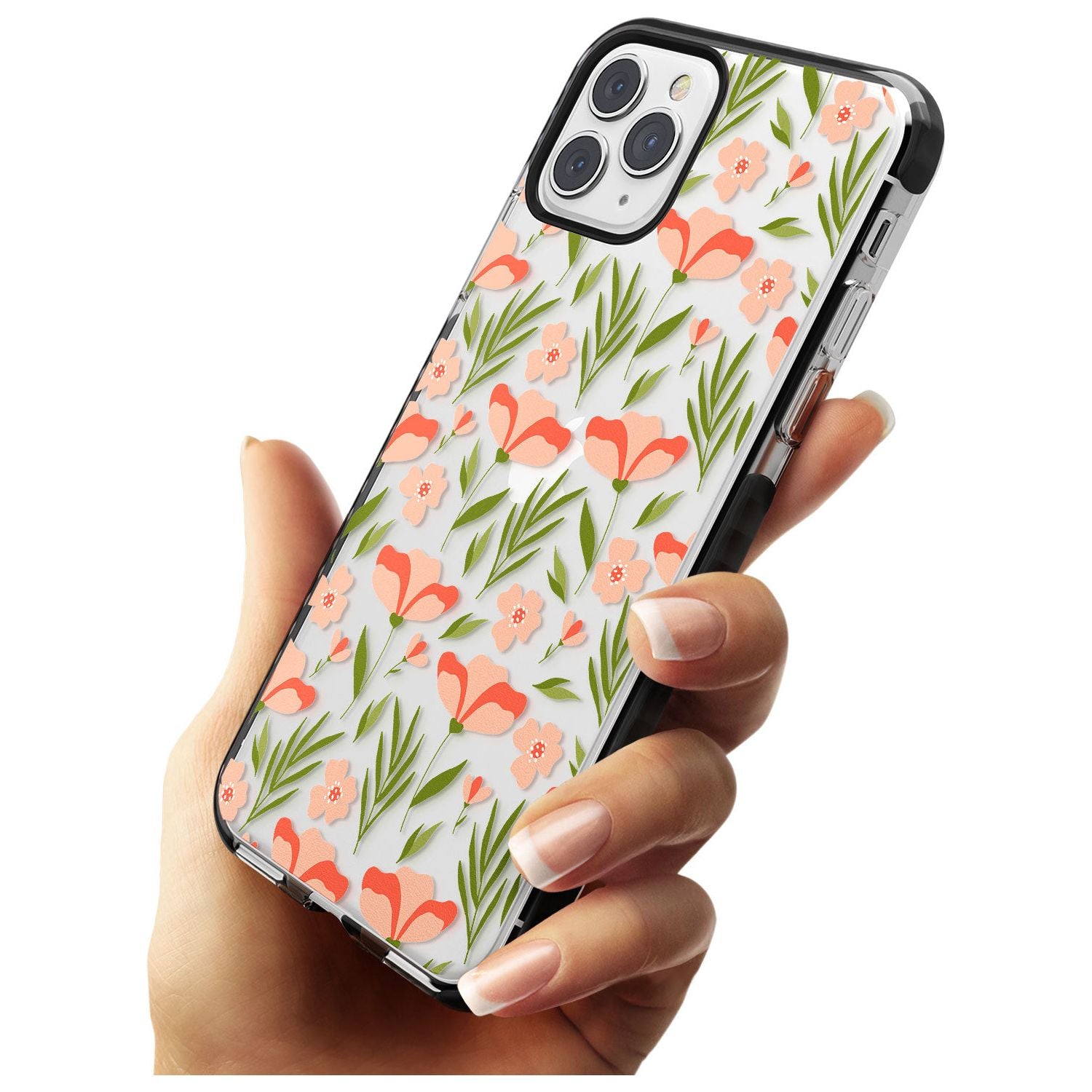 Pink Petals Transparent Floral Black Impact Phone Case for iPhone 11 Pro Max