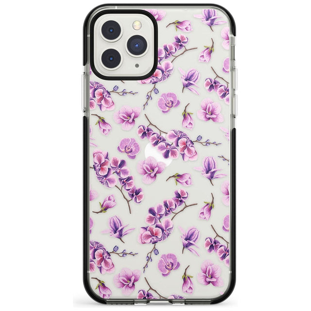 Purple Orchids Transparent Floral Black Impact Phone Case for iPhone 11 Pro Max