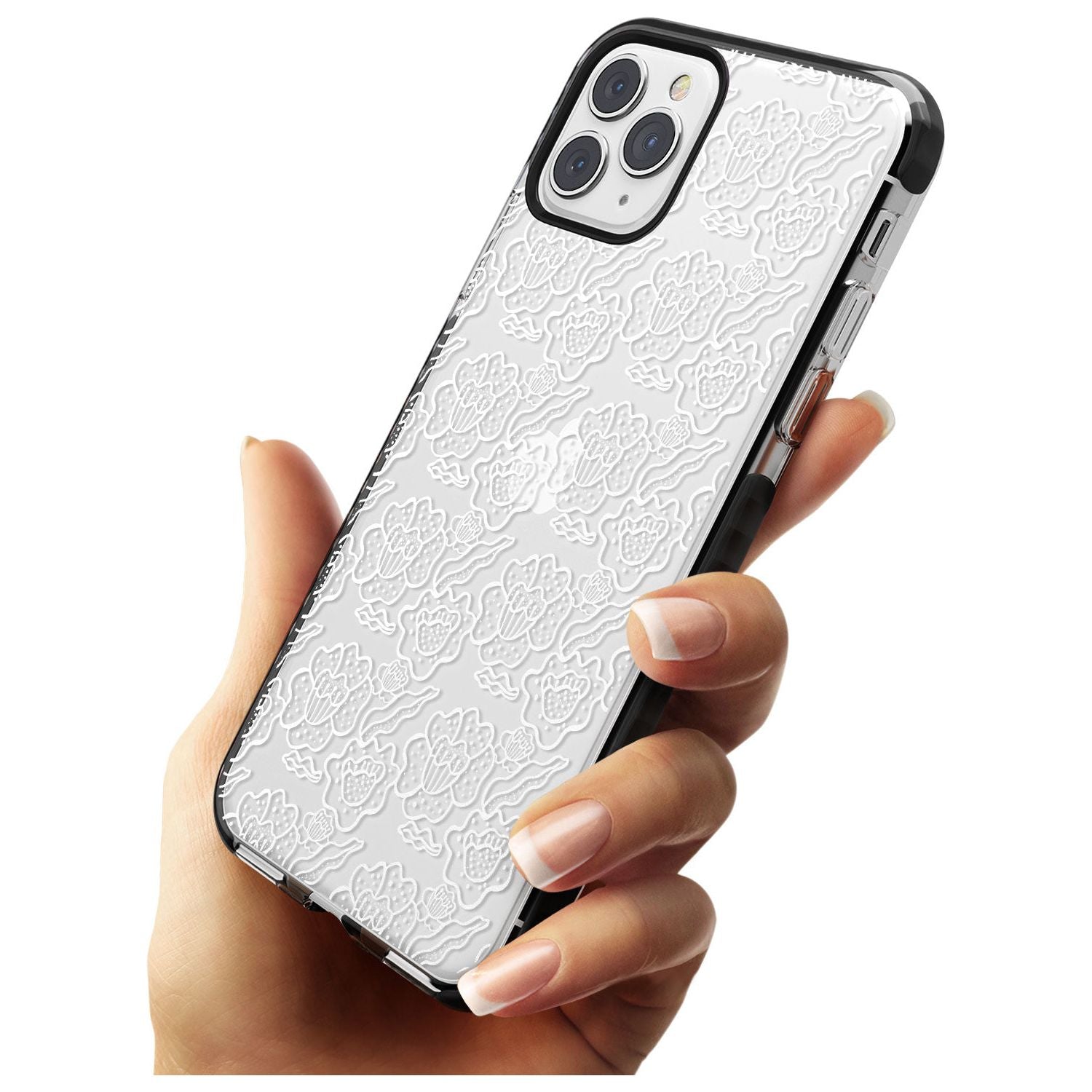 Funky Floral Patterns White on Clear Black Impact Phone Case for iPhone 11 Pro Max