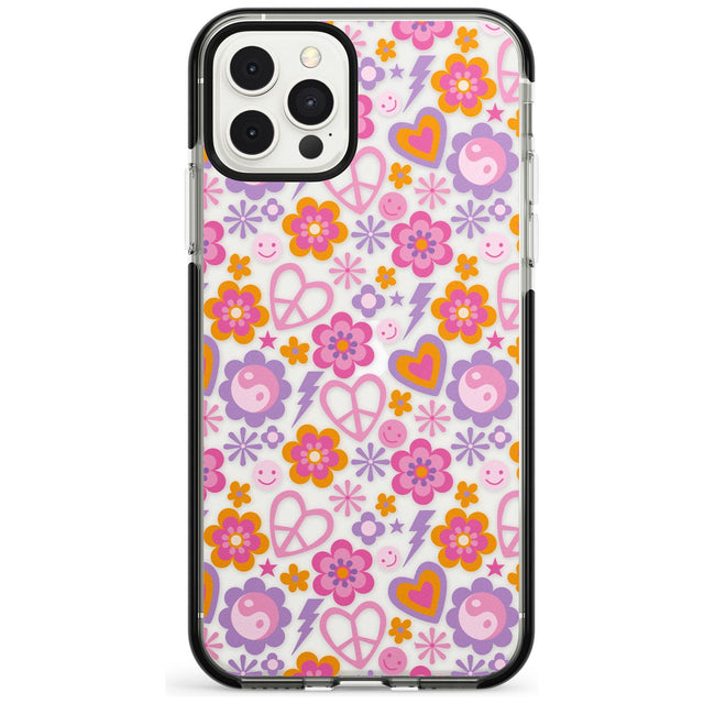 Peace, Love and Flowers Pattern Black Impact Phone Case for iPhone 11