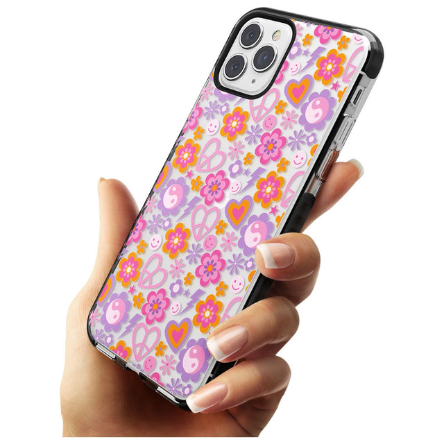 Peace, Love and Flowers Pattern Black Impact Phone Case for iPhone 11