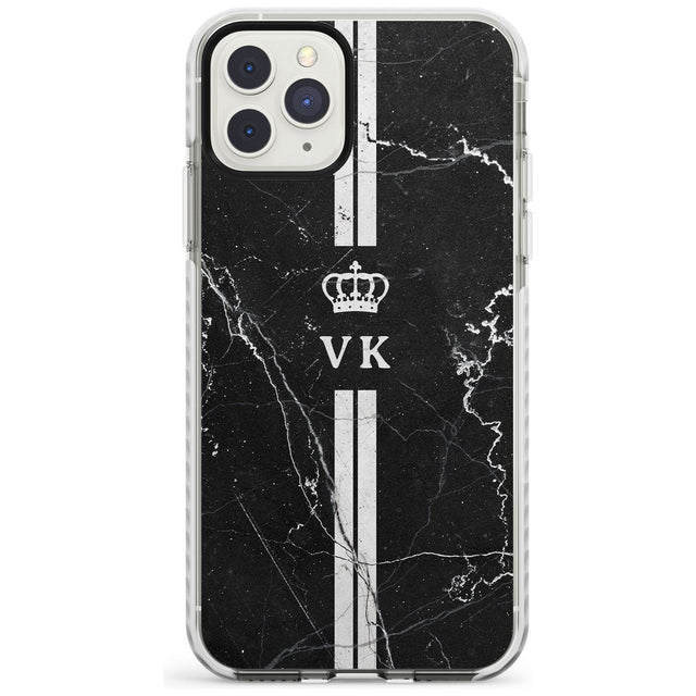 Stripes + Initials with Crown on Black Marble Impact Phone Case for iPhone 11 Pro Max
