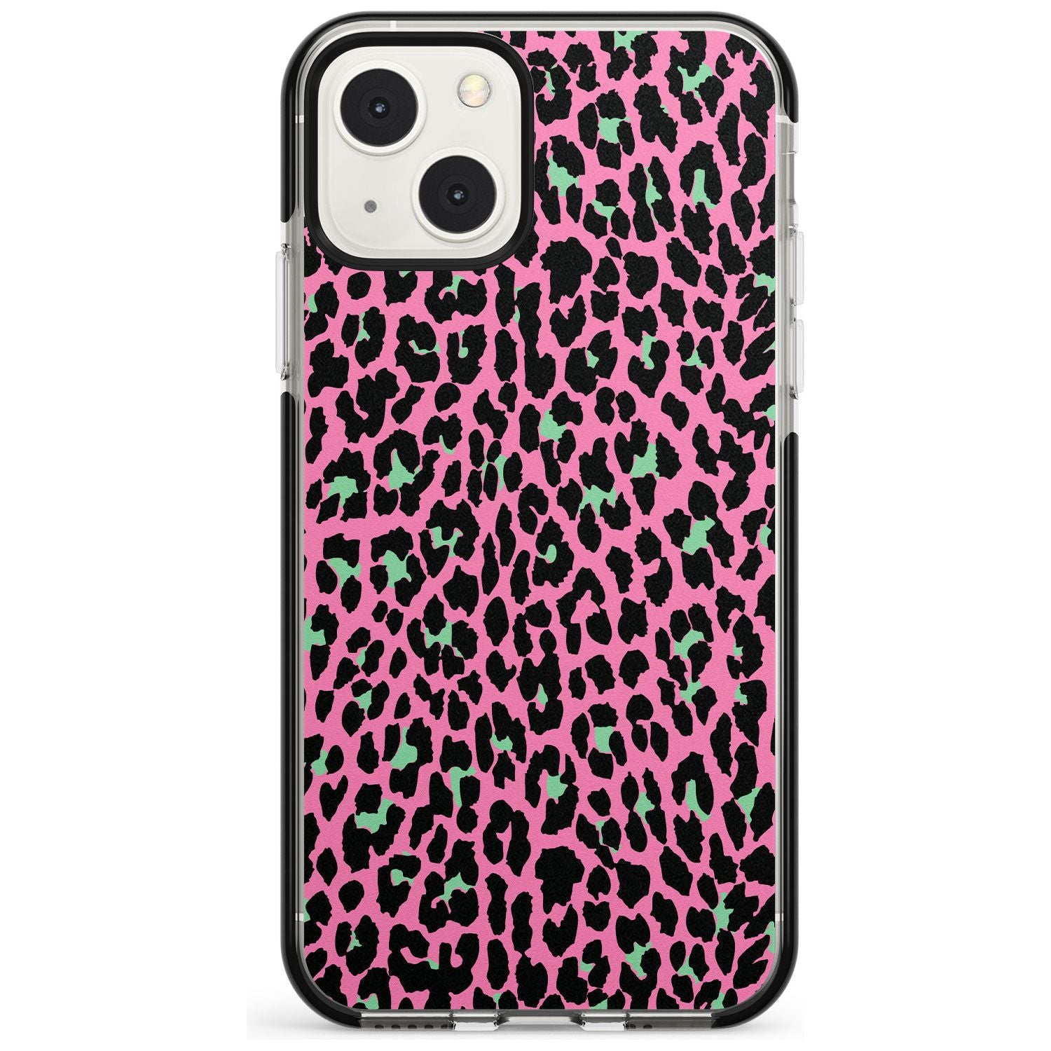 Green on Pink Leopard Print Pattern Phone Case iPhone 13 Mini / Black Impact Case Blanc Space