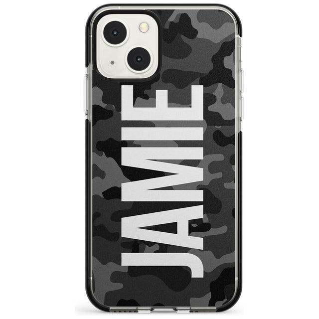 Personalised Vertical Name Black Camouflage Custom Phone Case iPhone 13 Mini / Black Impact Case Blanc Space