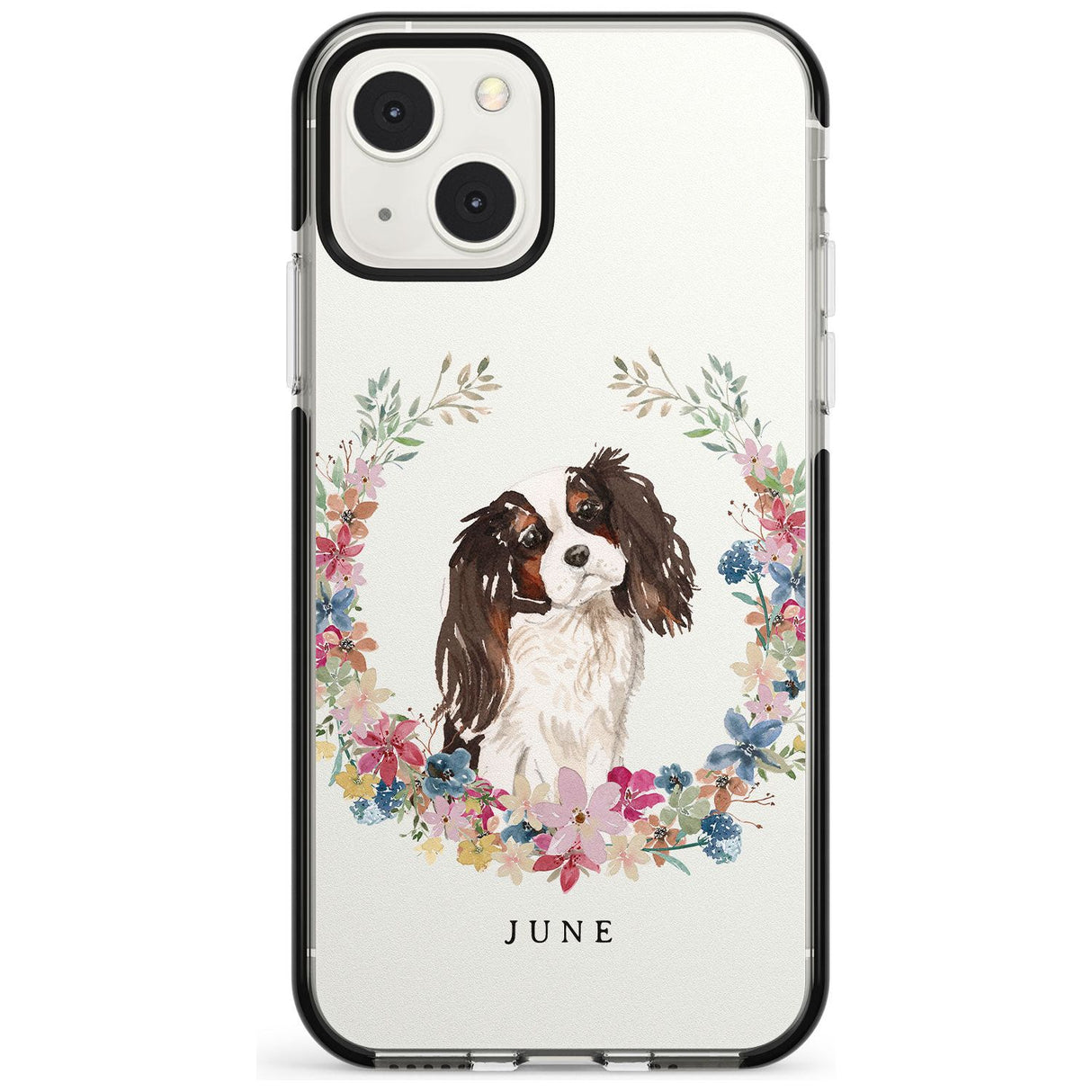 Personalised Tri Coloured King Charles Watercolour Dog Portrait Custom Phone Case iPhone 13 Mini / Black Impact Case Blanc Space