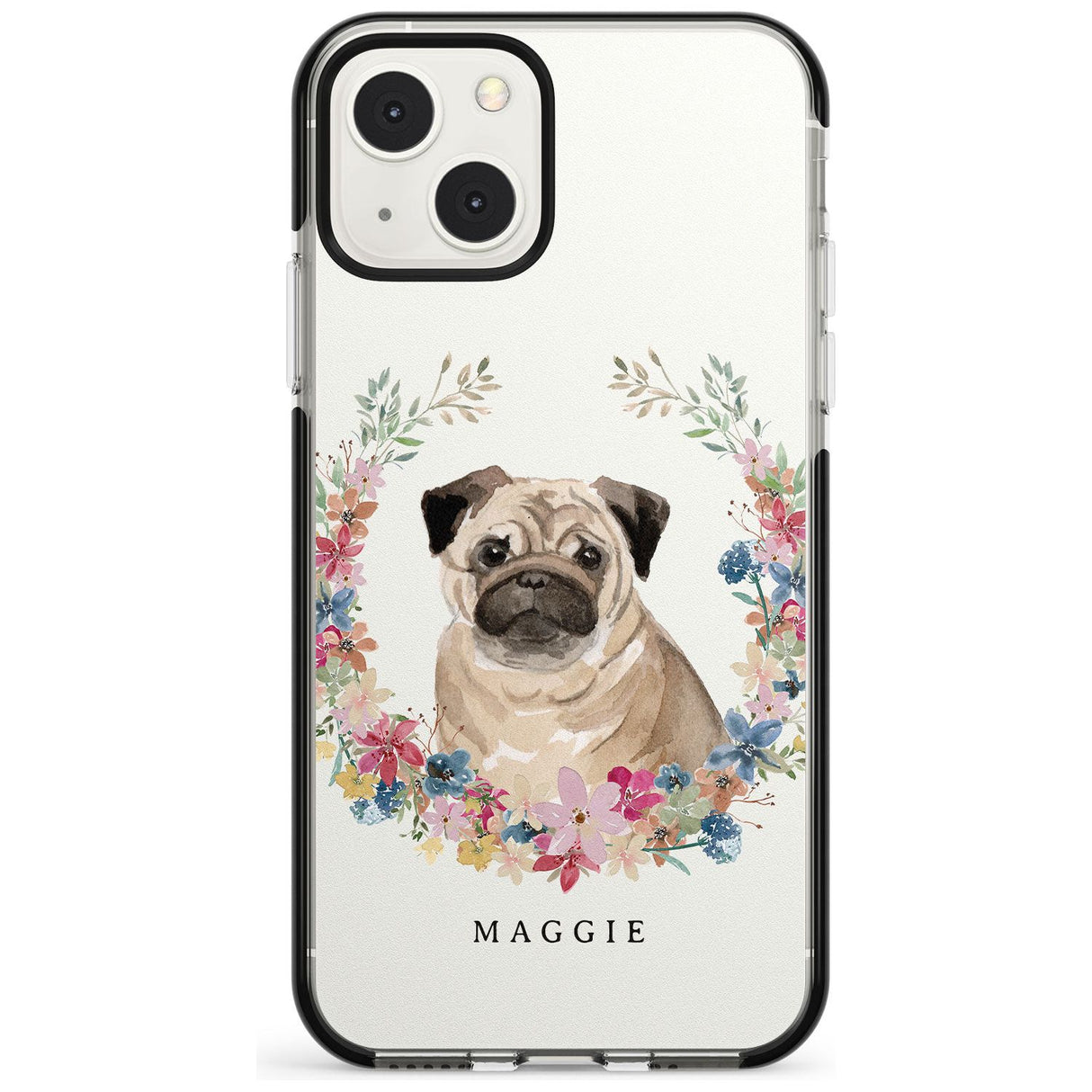 Personalised Pug - Watercolour Dog Portrait Custom Phone Case iPhone 13 Mini / Black Impact Case Blanc Space