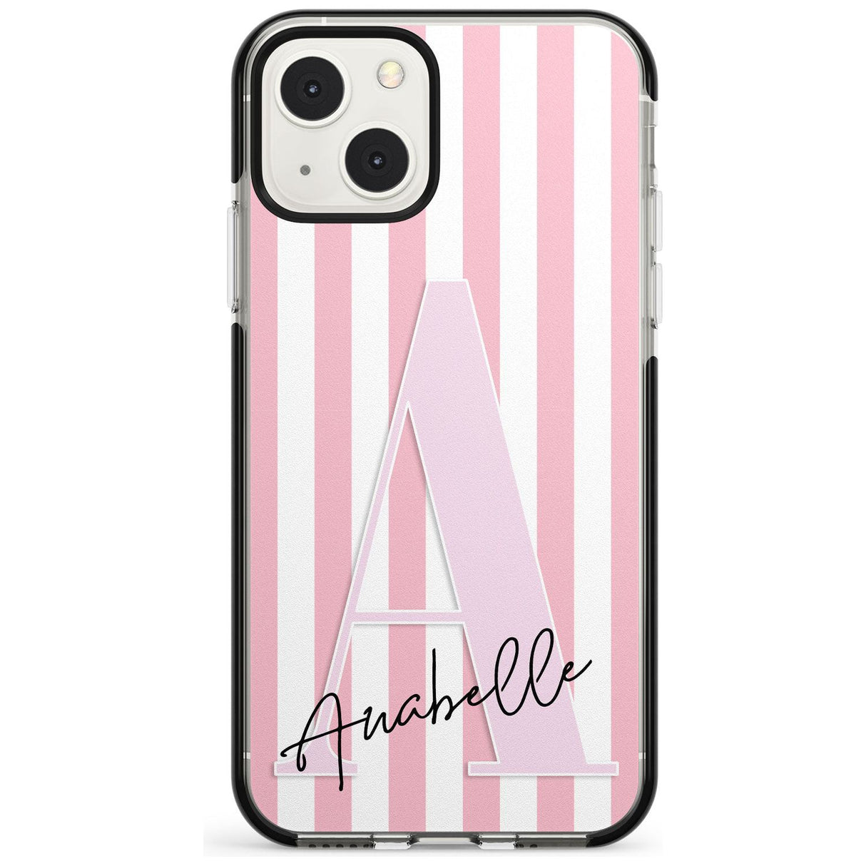 Personalised Pink Stripes & Large Monogram Custom Phone Case iPhone 13 Mini / Black Impact Case Blanc Space
