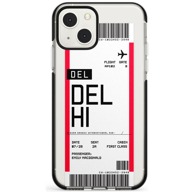 Personalised Delhi Boarding Pass Custom Phone Case iPhone 13 Mini / Black Impact Case Blanc Space