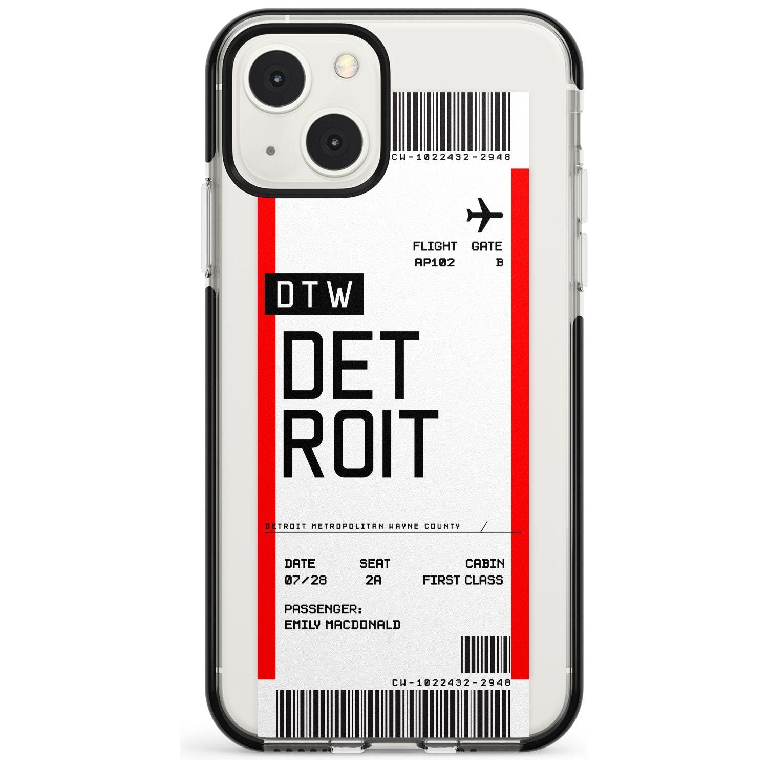 Personalised Detroit Boarding Pass Custom Phone Case iPhone 13 Mini / Black Impact Case Blanc Space