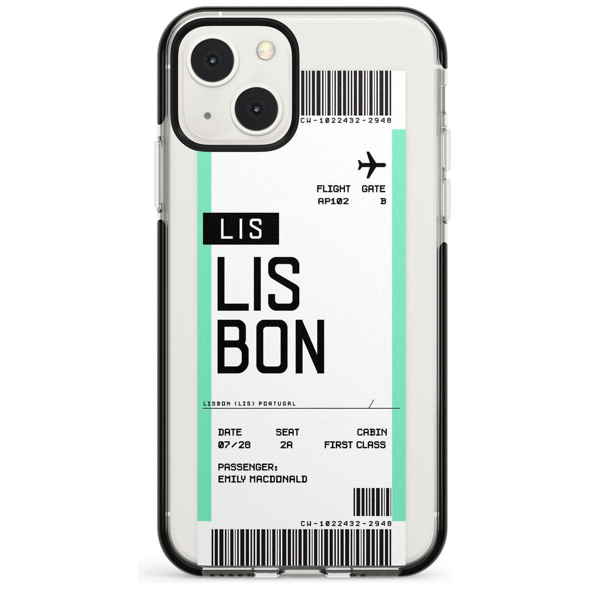 Personalised Lisbon Boarding Pass Custom Phone Case iPhone 13 Mini / Black Impact Case Blanc Space