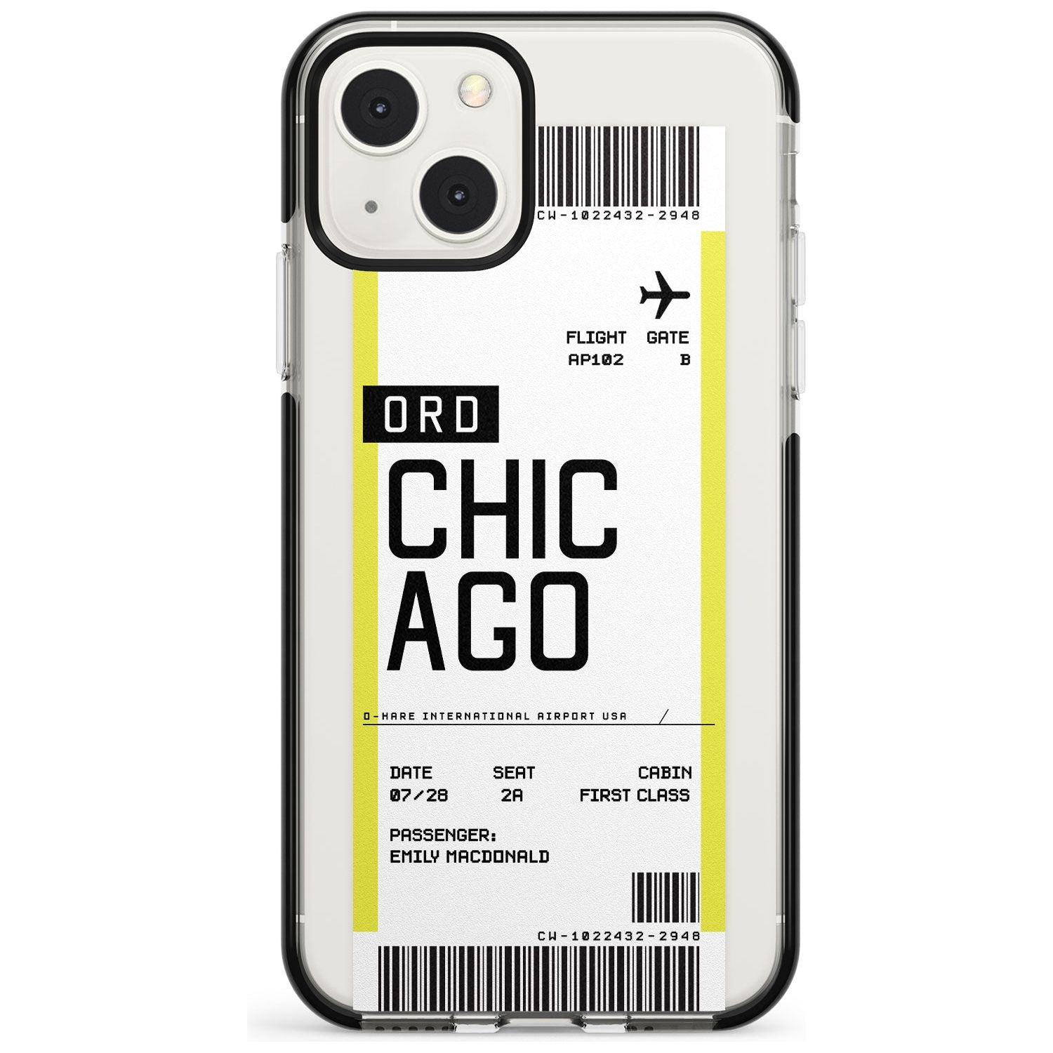 Personalised Chicago Boarding Pass Custom Phone Case iPhone 13 Mini / Black Impact Case Blanc Space