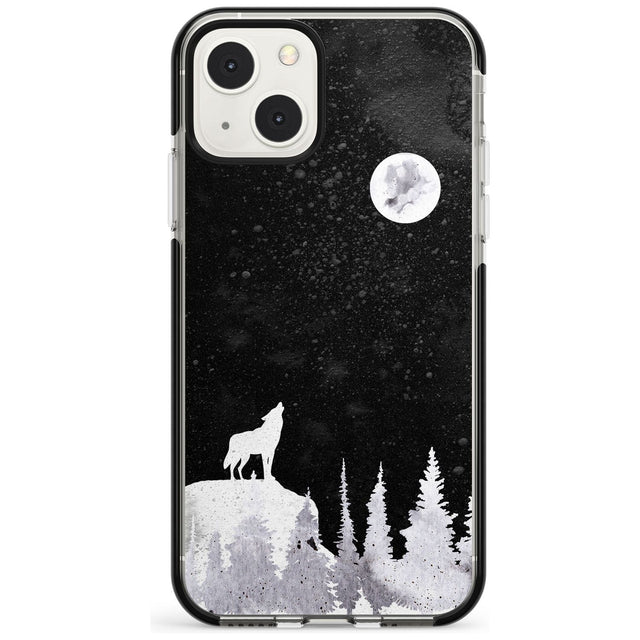 Moon Phases: Wolf & Full Moon Phone Case iPhone 13 Mini / Black Impact Case Blanc Space