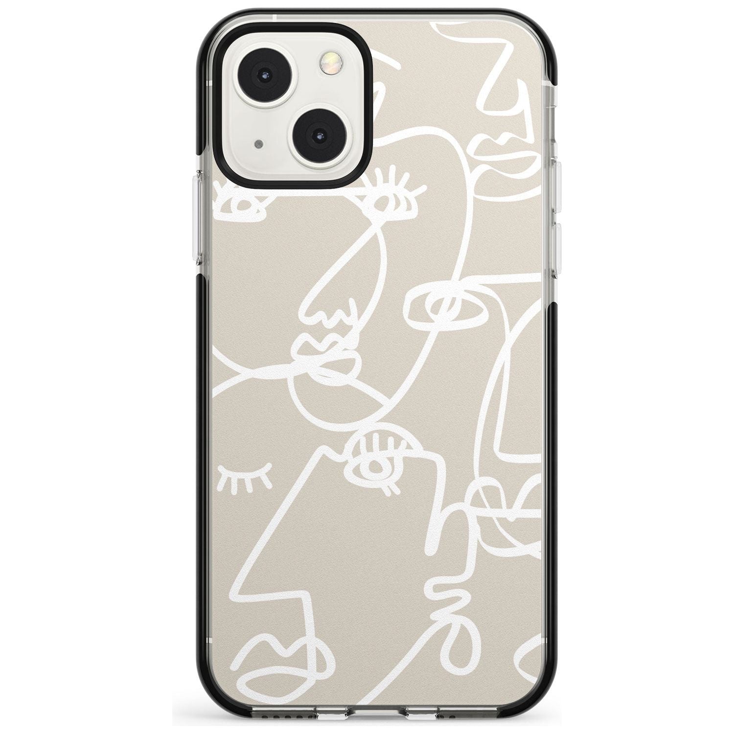 Abstract Continuous Line Faces White on Beige Phone Case iPhone 13 Mini / Black Impact Case Blanc Space