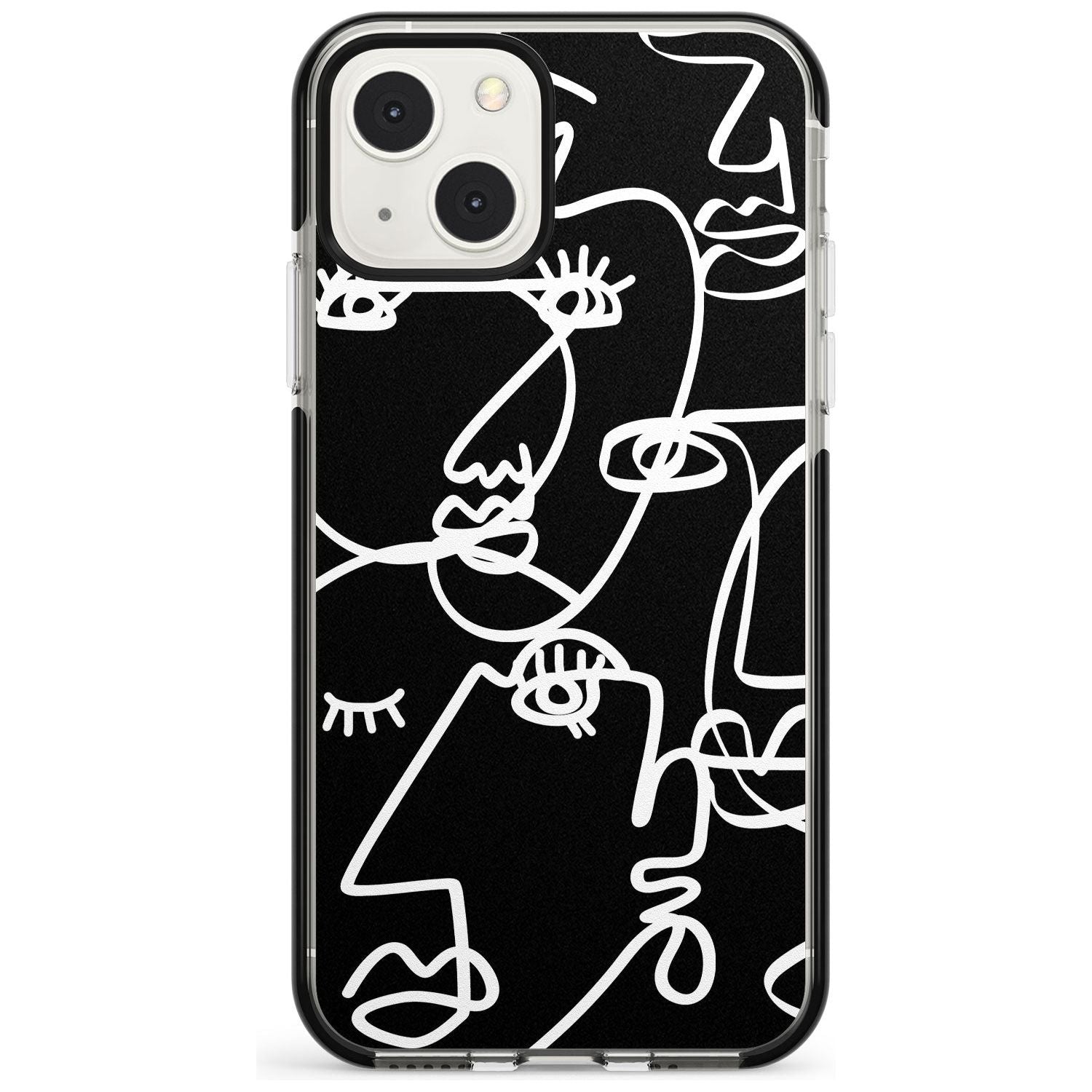 Abstract Continuous Line Faces White on Black Phone Case iPhone 13 Mini / Black Impact Case Blanc Space