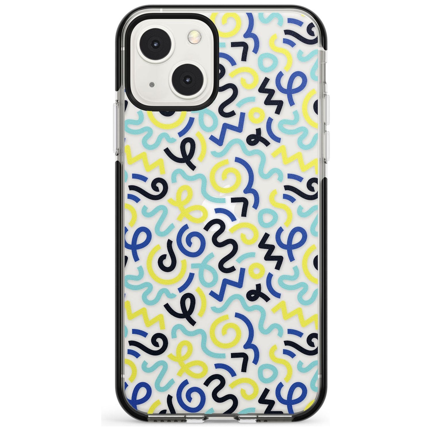 Blue & Yellow Shapes Memphis Retro Pattern Design Phone Case iPhone 13 Mini / Black Impact Case Blanc Space