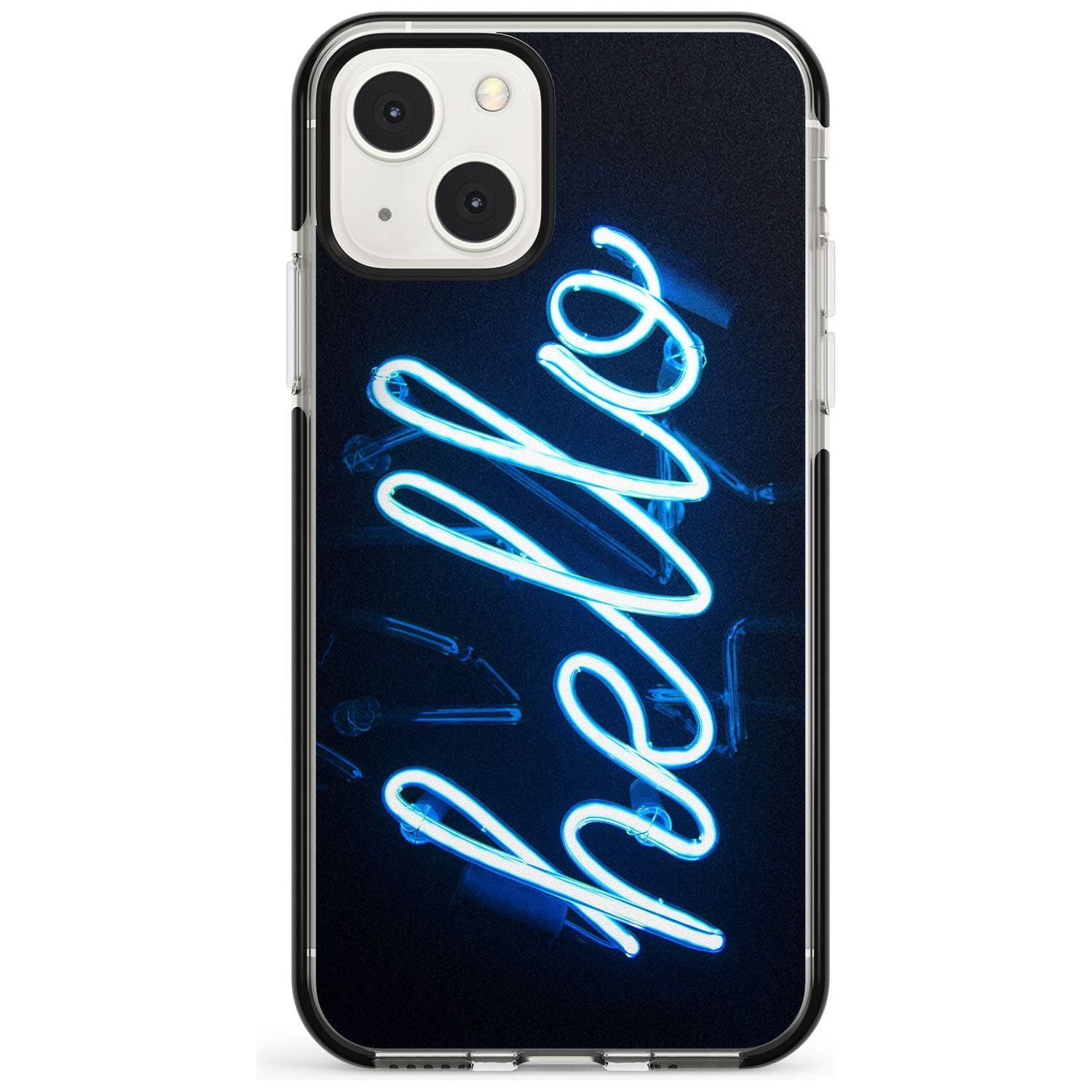 "Hello" Blue Cursive Neon Sign Phone Case iPhone 13 Mini / Black Impact Case Blanc Space