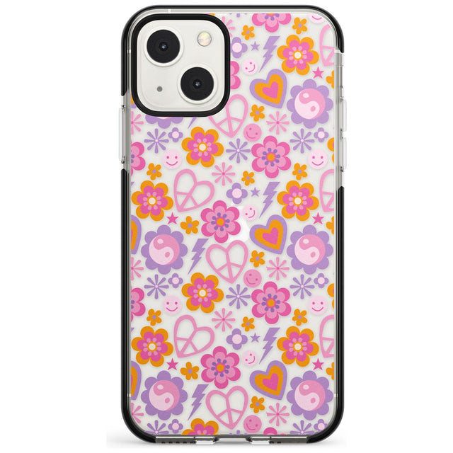 Peace, Love and Flowers Pattern Black Impact Phone Case for iPhone 13 & 13 Mini