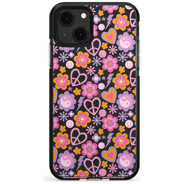 Peace, Love and Flowers Pattern Black Impact Phone Case for iPhone 13 & 13 Mini