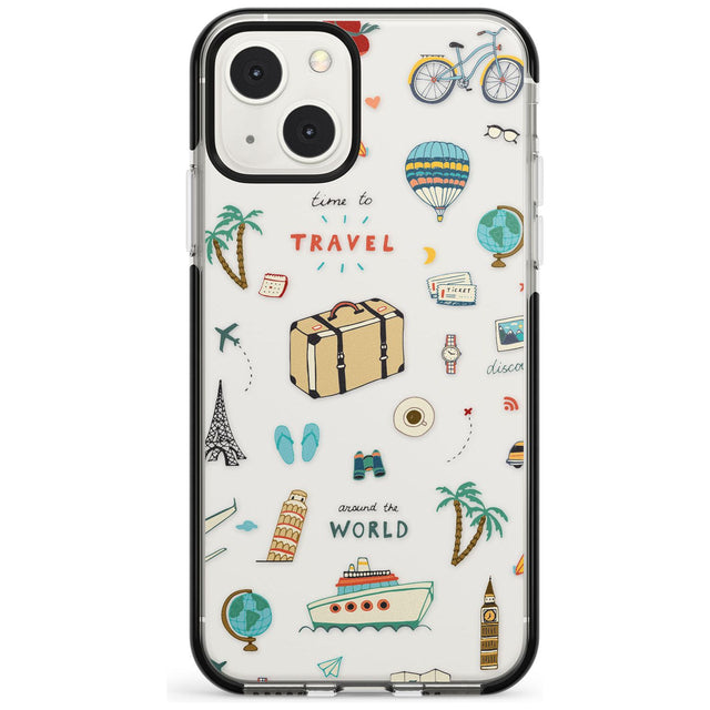 Cute Travel Pattern Transparent Phone Case iPhone 13 Mini / Black Impact Case Blanc Space