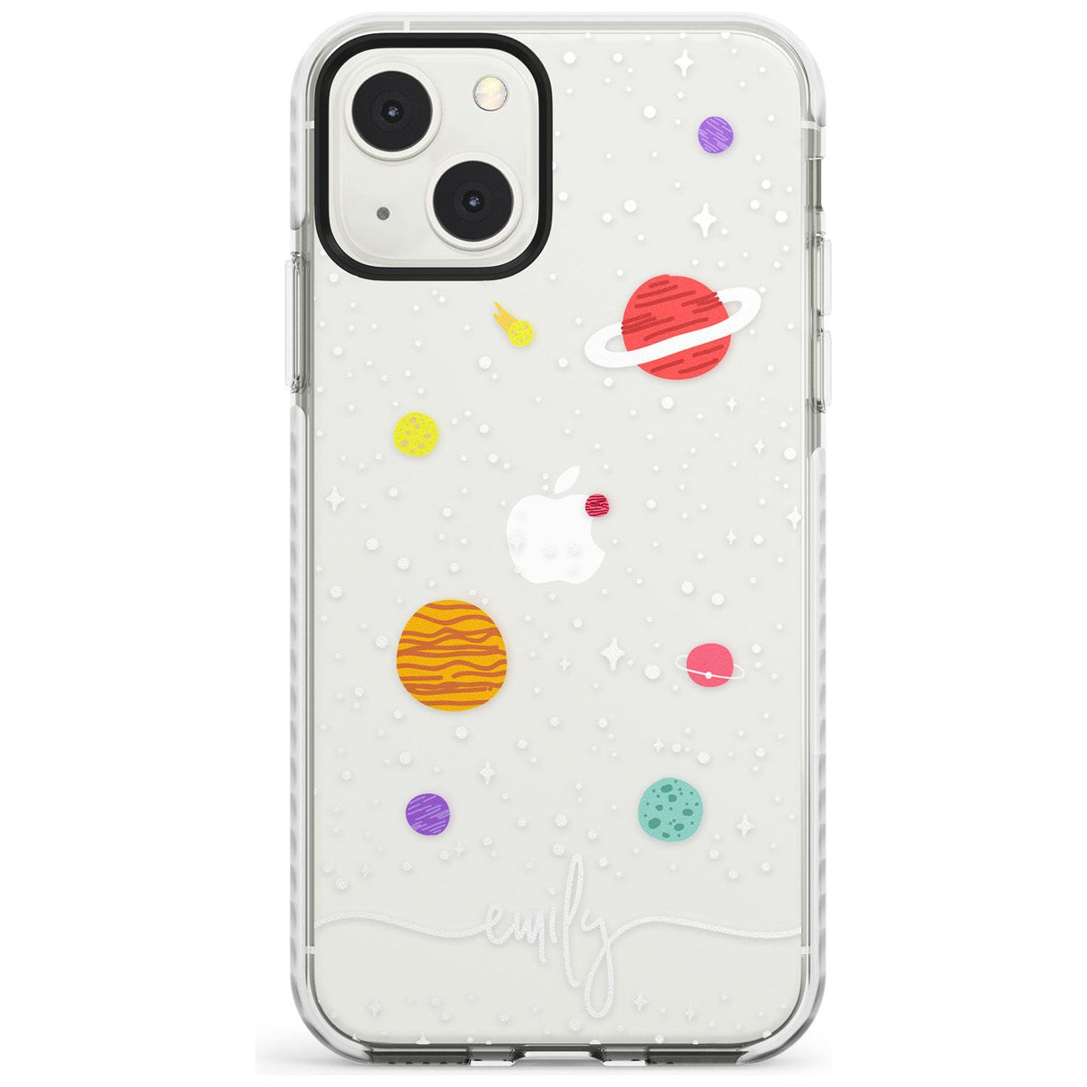 Personalised Cute Cartoon Planets (Clear) Phone Case iPhone 13 Mini / Impact Case Blanc Space