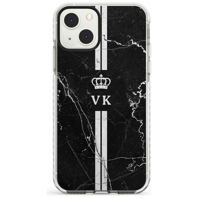 Personalised Stripes + Initials with Crown on Black Marble Custom Phone Case iPhone 13 Mini / Impact Case Blanc Space
