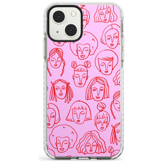 Girl Portrait Doodles in Pink & Red Phone Case iPhone 13 Mini / Impact Case Blanc Space