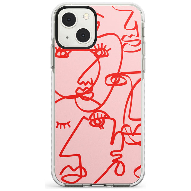 Abstract Continuous Line Faces Red on Pink Phone Case iPhone 13 Mini / Impact Case Blanc Space