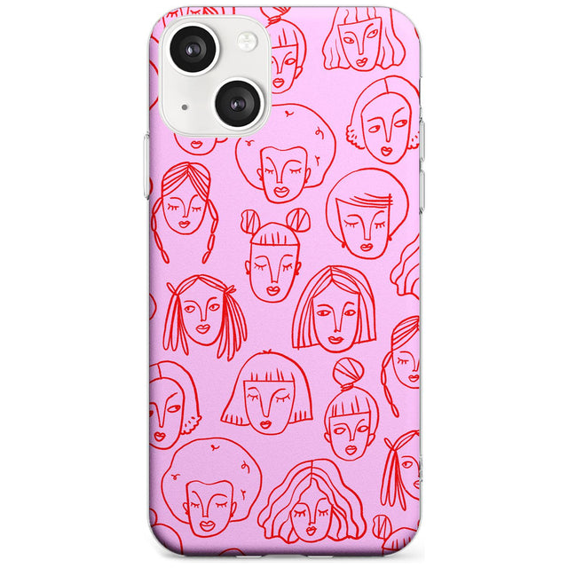 Girl Portrait Doodles in Pink & Red Phone Case iPhone 13 / Clear Case,iPhone 13 Mini / Clear Case,iPhone 14 / Clear Case,iPhone 14 Plus / Clear Case Blanc Space