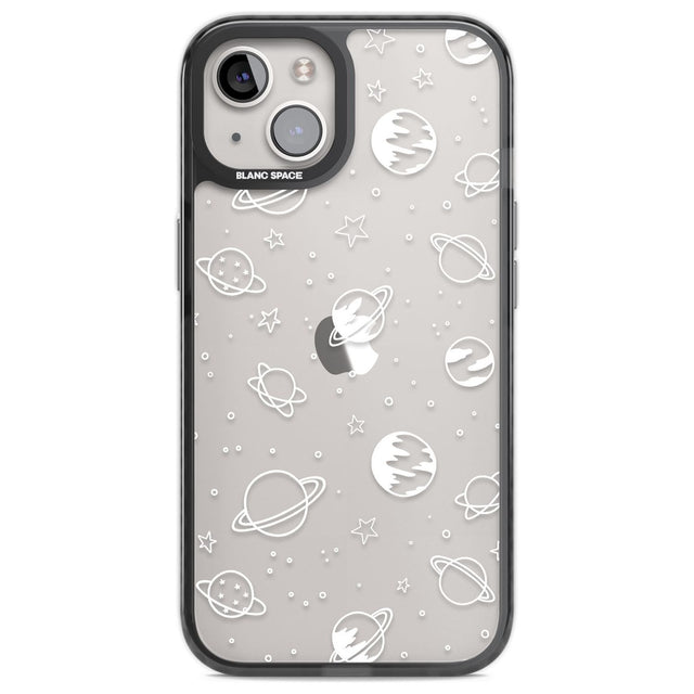 Cosmic Outer Space Design White on Clear Phone Case iPhone 12 / Black Impact Case,iPhone 13 / Black Impact Case,iPhone 12 Pro / Black Impact Case,iPhone 14 / Black Impact Case,iPhone 15 Plus / Black Impact Case,iPhone 15 / Black Impact Case Blanc Space