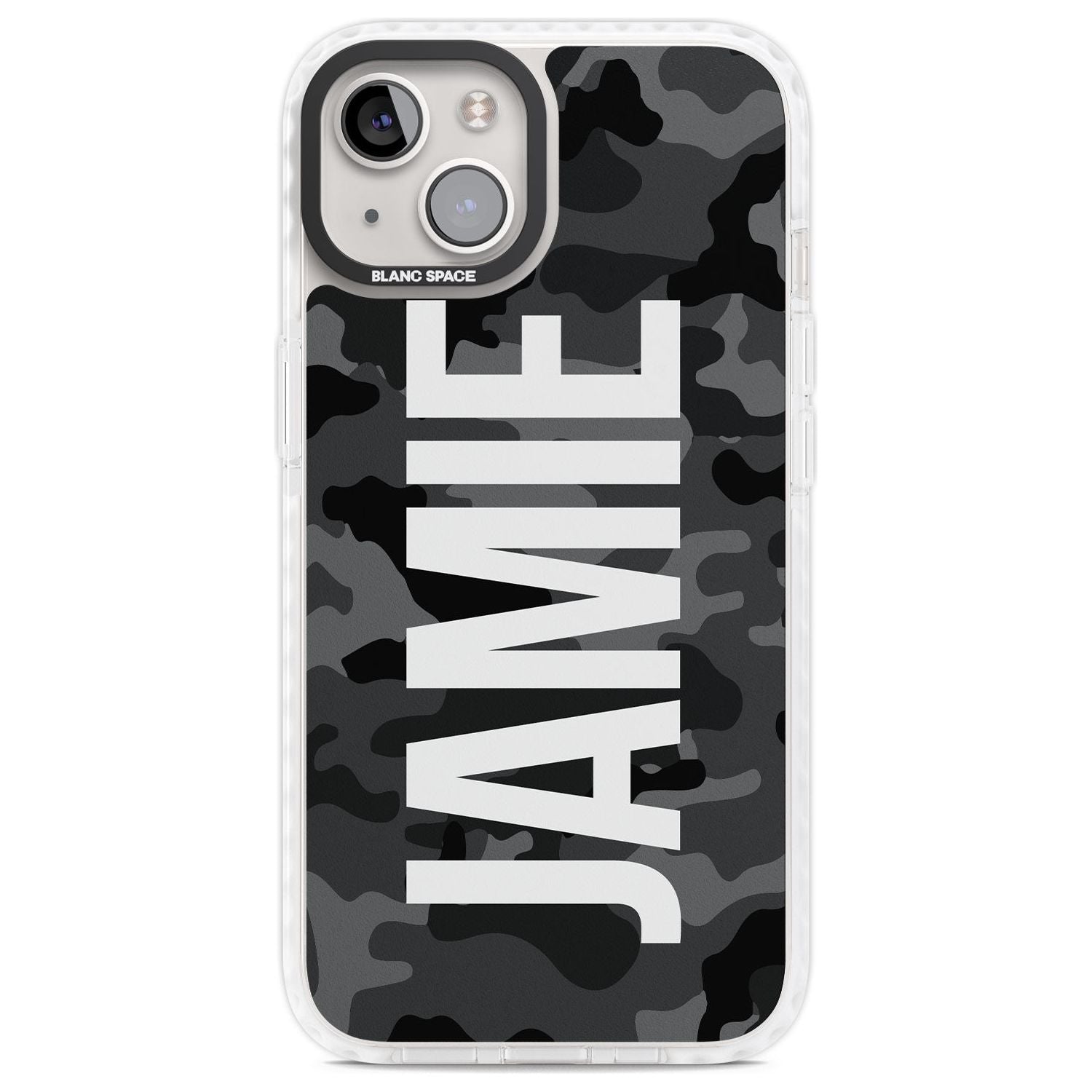 Personalised Vertical Name Black Camouflage Custom Phone Case iPhone 13 / Impact Case,iPhone 14 / Impact Case,iPhone 15 Plus / Impact Case,iPhone 15 / Impact Case Blanc Space