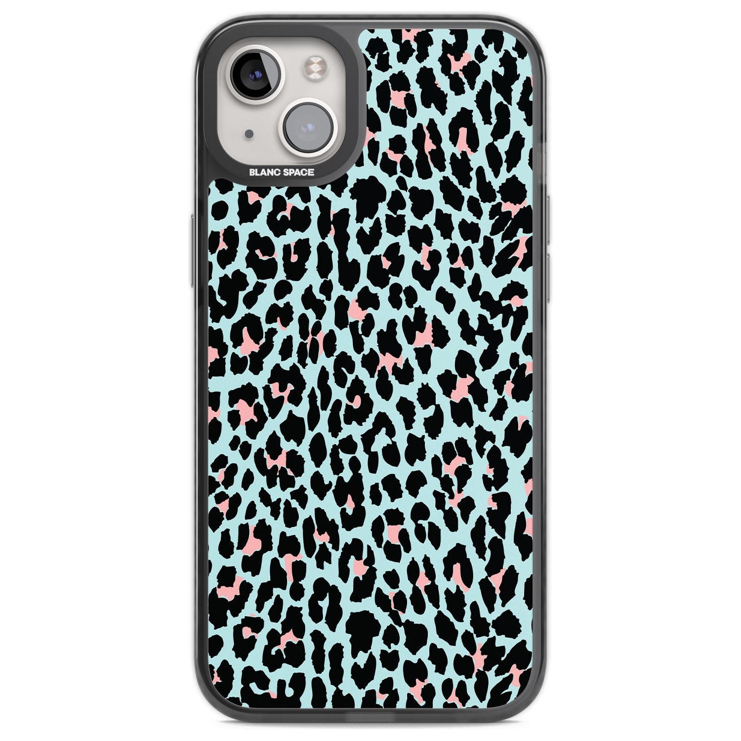 Light Pink on Blue Leopard Print Pattern Phone Case iPhone 14 Plus / Black Impact Case Blanc Space