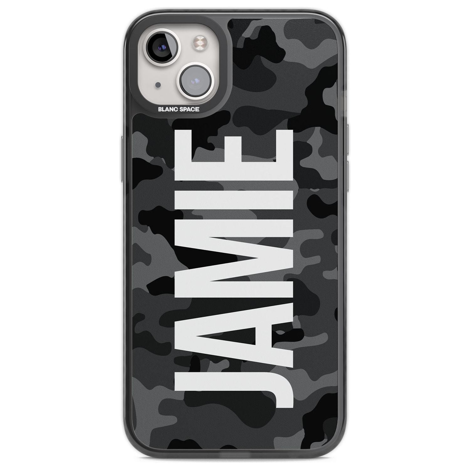 Personalised Vertical Name Black Camouflage Custom Phone Case iPhone 14 Plus / Black Impact Case Blanc Space