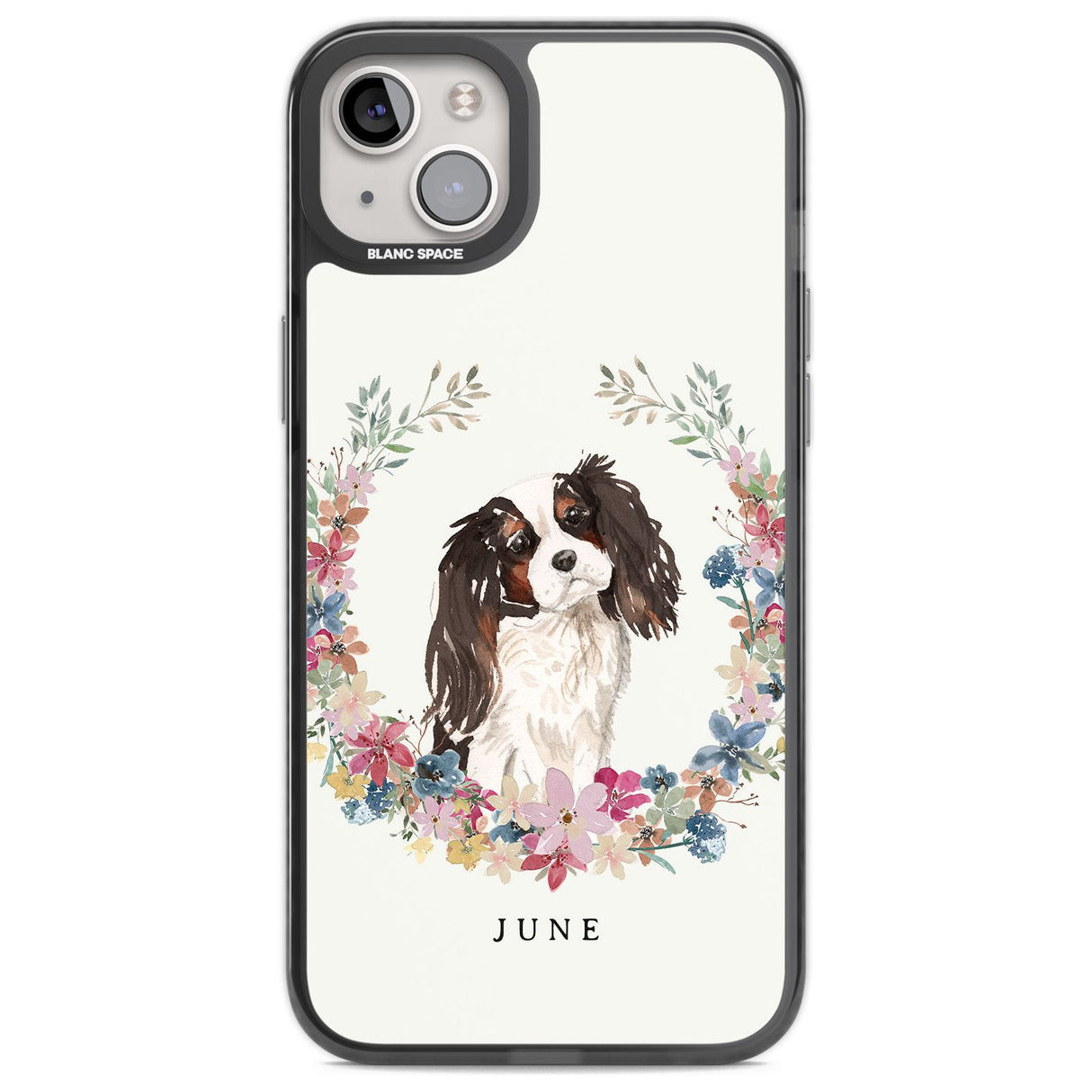 Personalised Tri Coloured King Charles Watercolour Dog Portrait Custom Phone Case iPhone 14 Plus / Black Impact Case Blanc Space