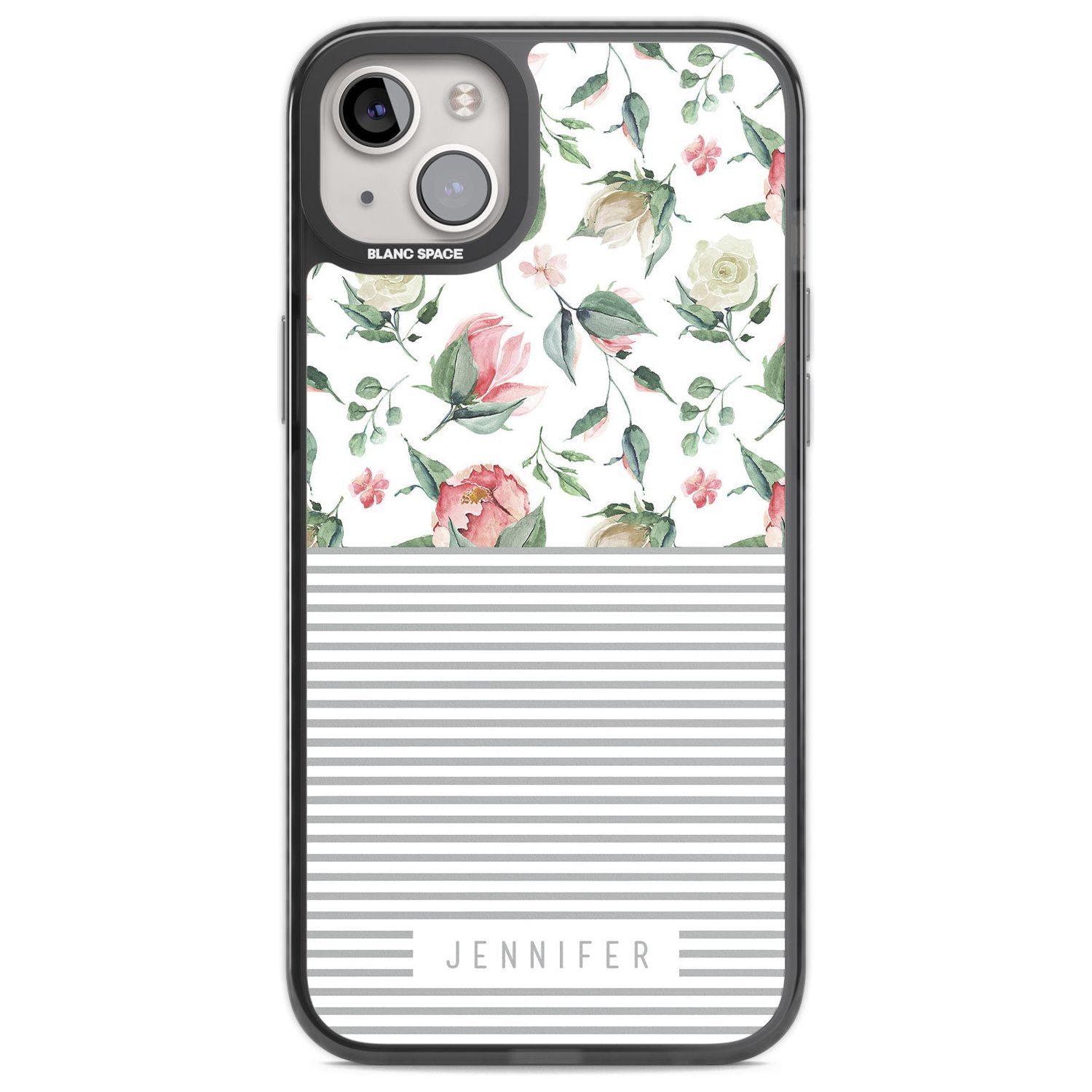 Personalised Light Floral Pattern & Stripes Custom Phone Case iPhone 14 Plus / Black Impact Case Blanc Space