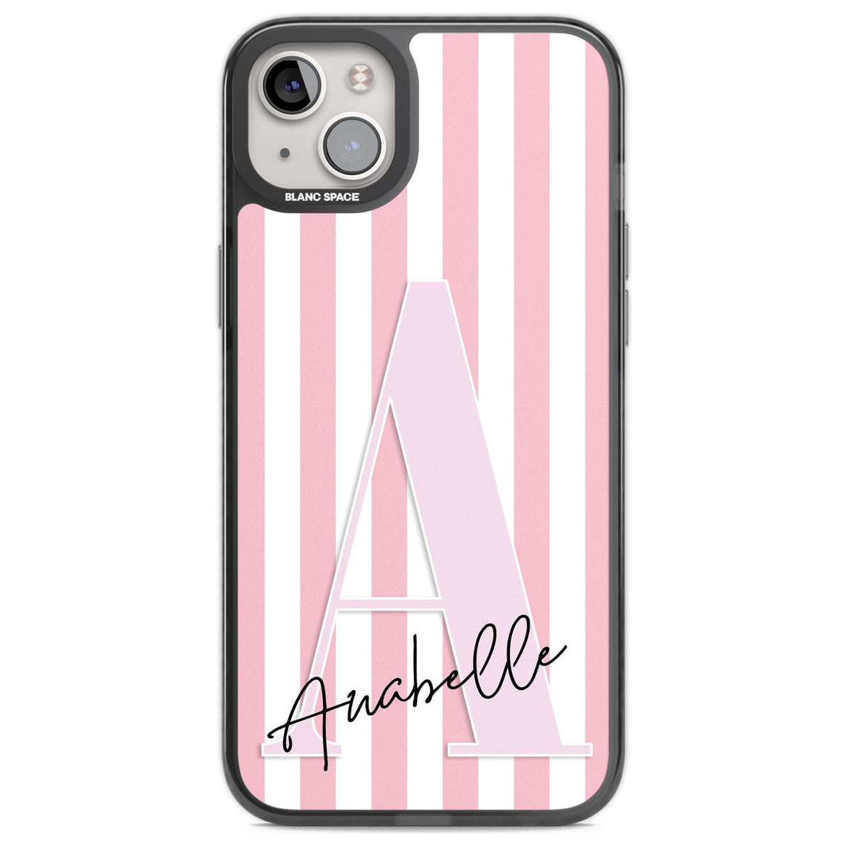 Personalised Pink Stripes & Large Monogram Custom Phone Case iPhone 14 Plus / Black Impact Case Blanc Space
