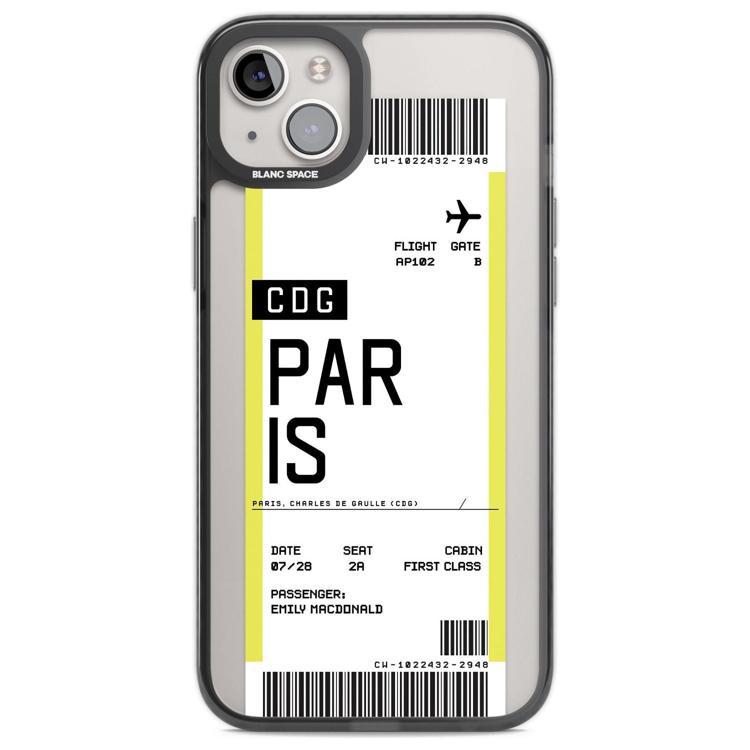Personalised Paris Boarding Pass Custom Phone Case iPhone 14 Plus / Black Impact Case Blanc Space