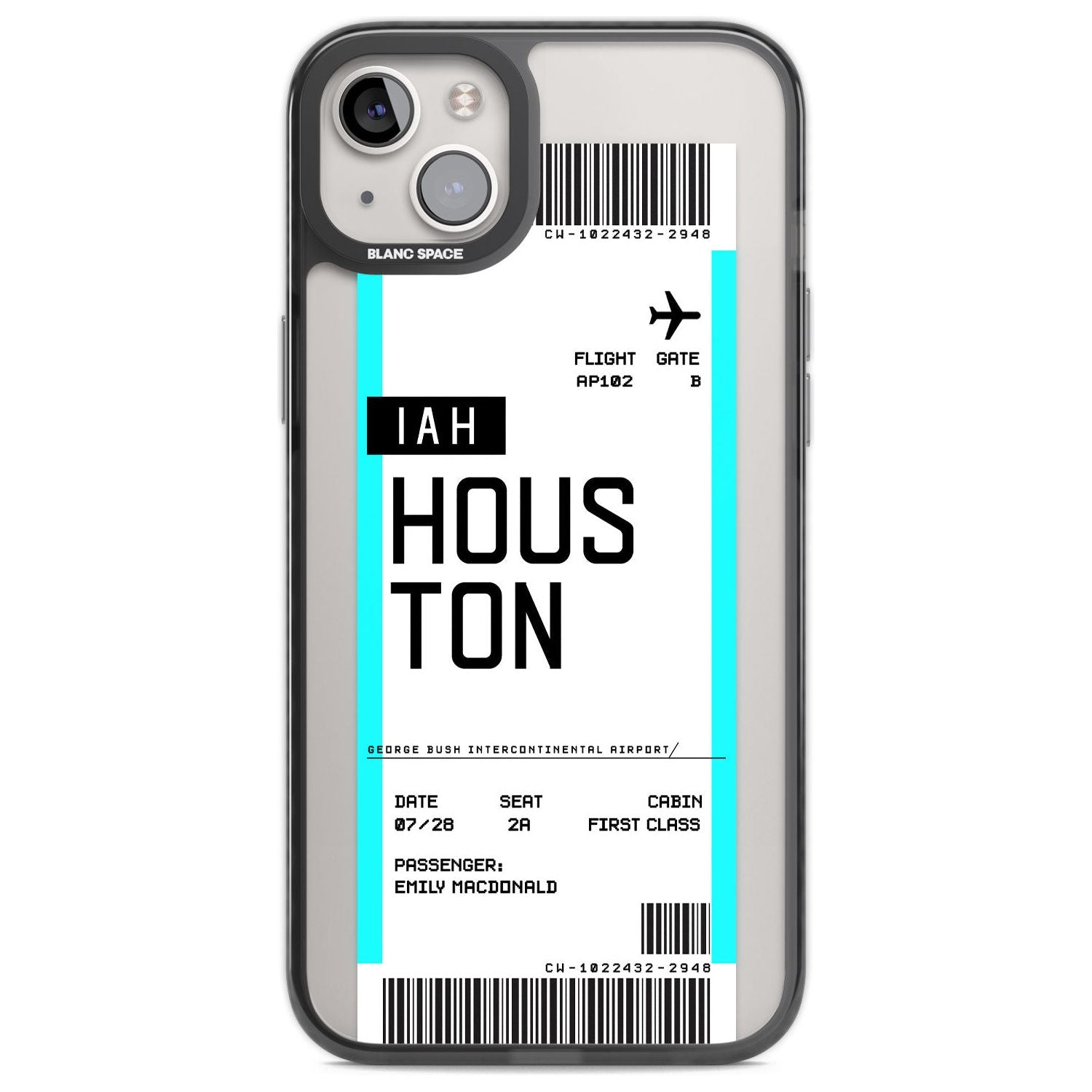 Personalised Houston Boarding Pass Custom Phone Case iPhone 14 Plus / Black Impact Case Blanc Space
