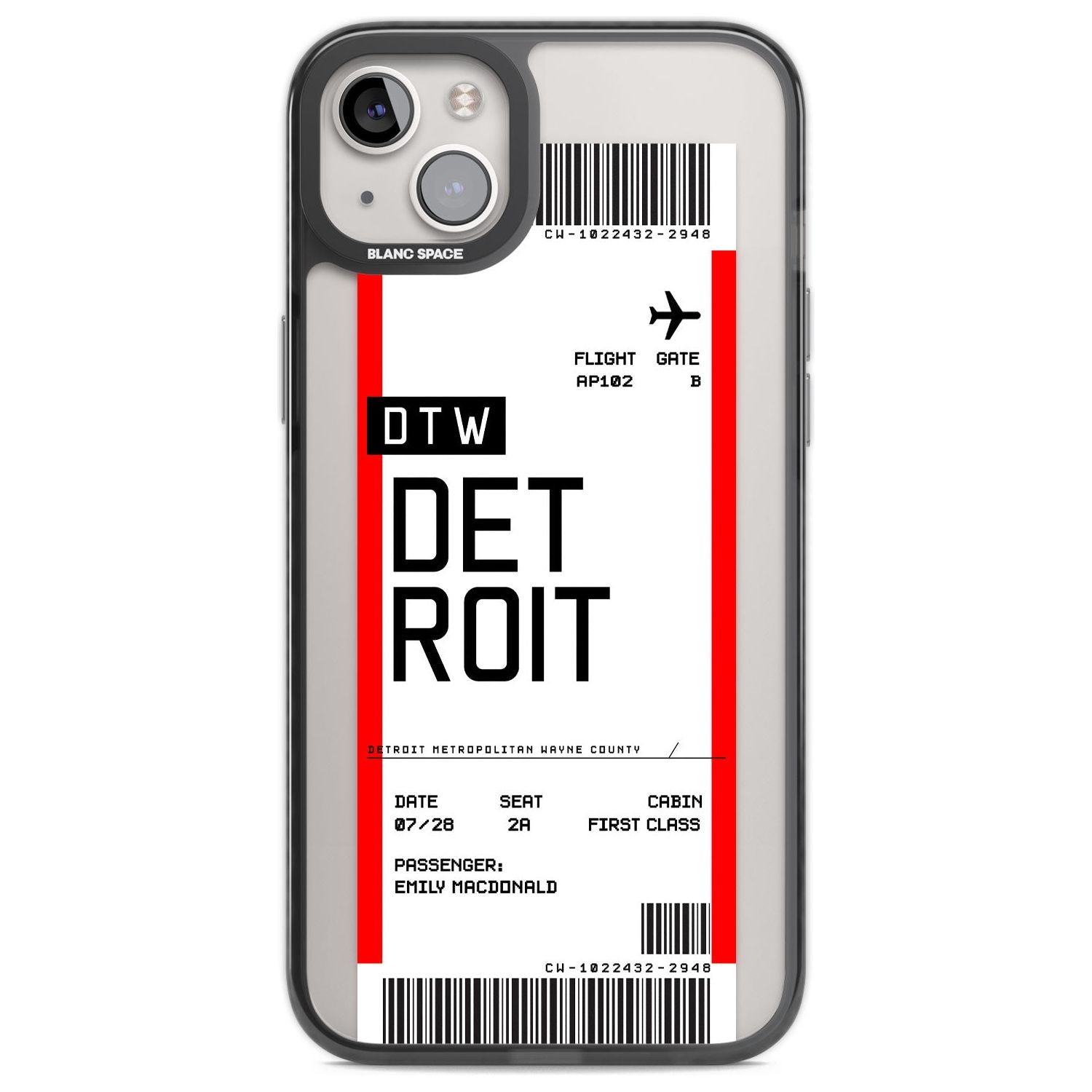 Personalised Detroit Boarding Pass Custom Phone Case iPhone 14 Plus / Black Impact Case Blanc Space