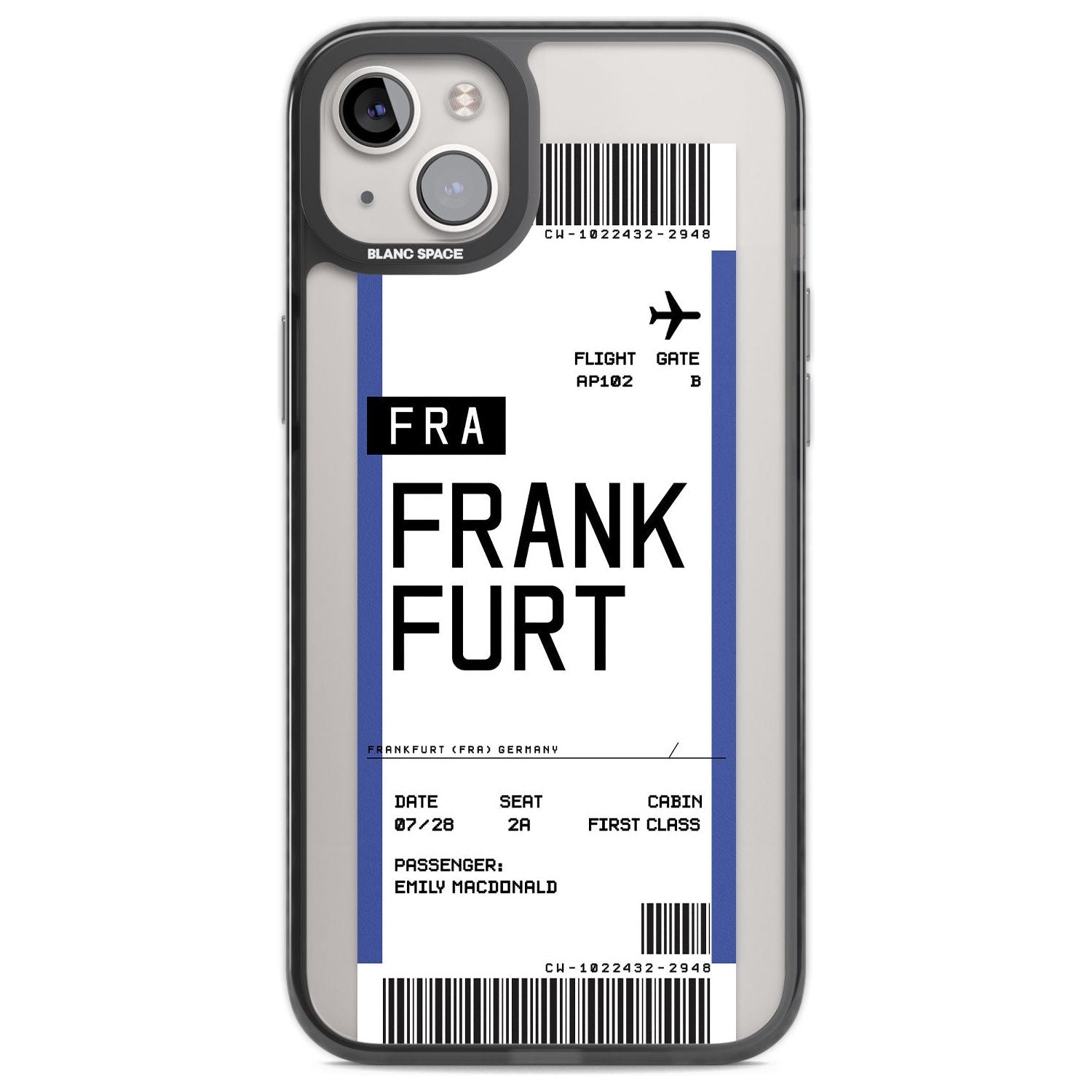 Personalised Frankfurt Boarding Pass Custom Phone Case iPhone 14 Plus / Black Impact Case Blanc Space