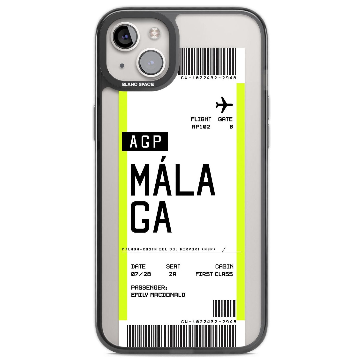 Personalised Málaga Boarding Pass Custom Phone Case iPhone 14 Plus / Black Impact Case Blanc Space