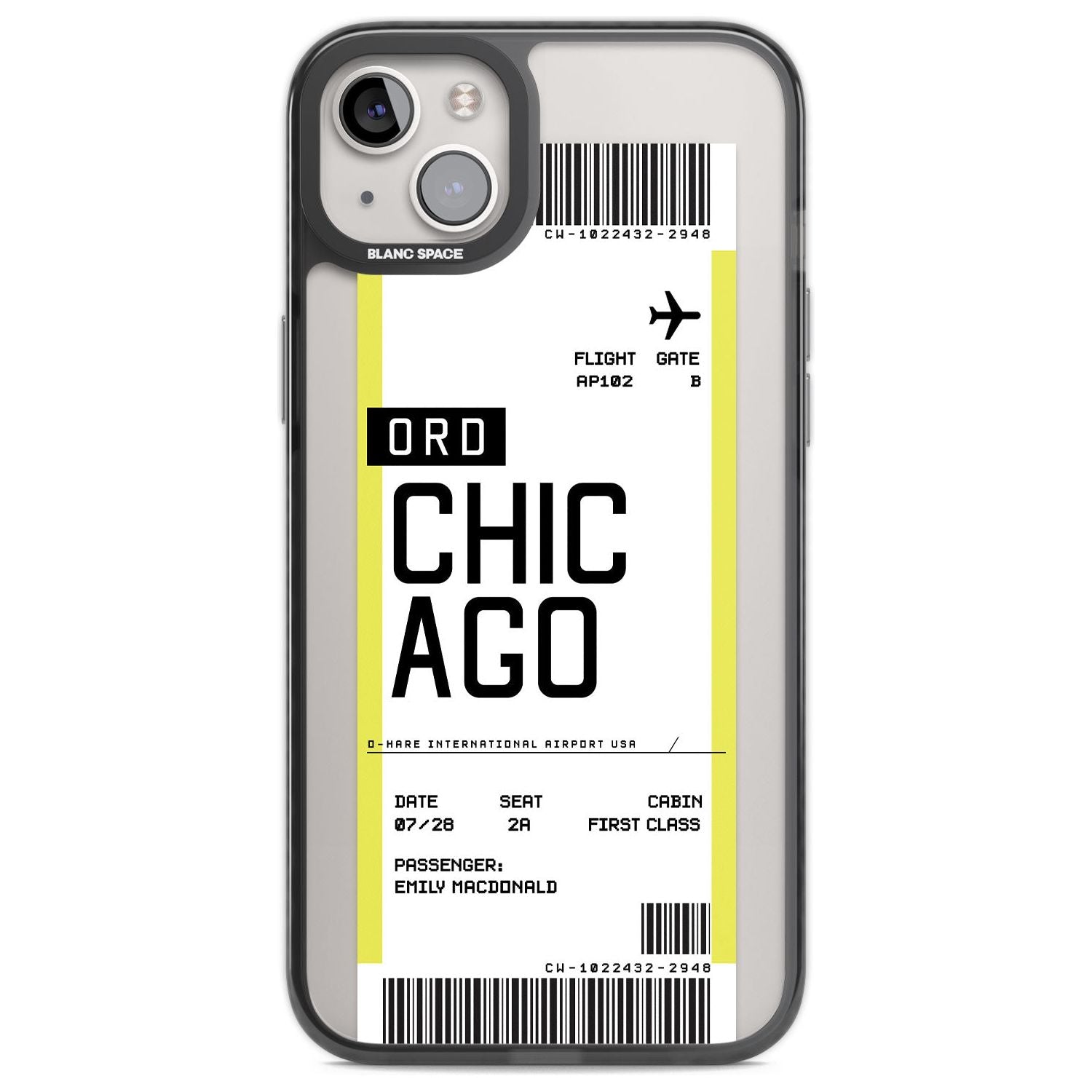 Personalised Chicago Boarding Pass Custom Phone Case iPhone 14 Plus / Black Impact Case Blanc Space