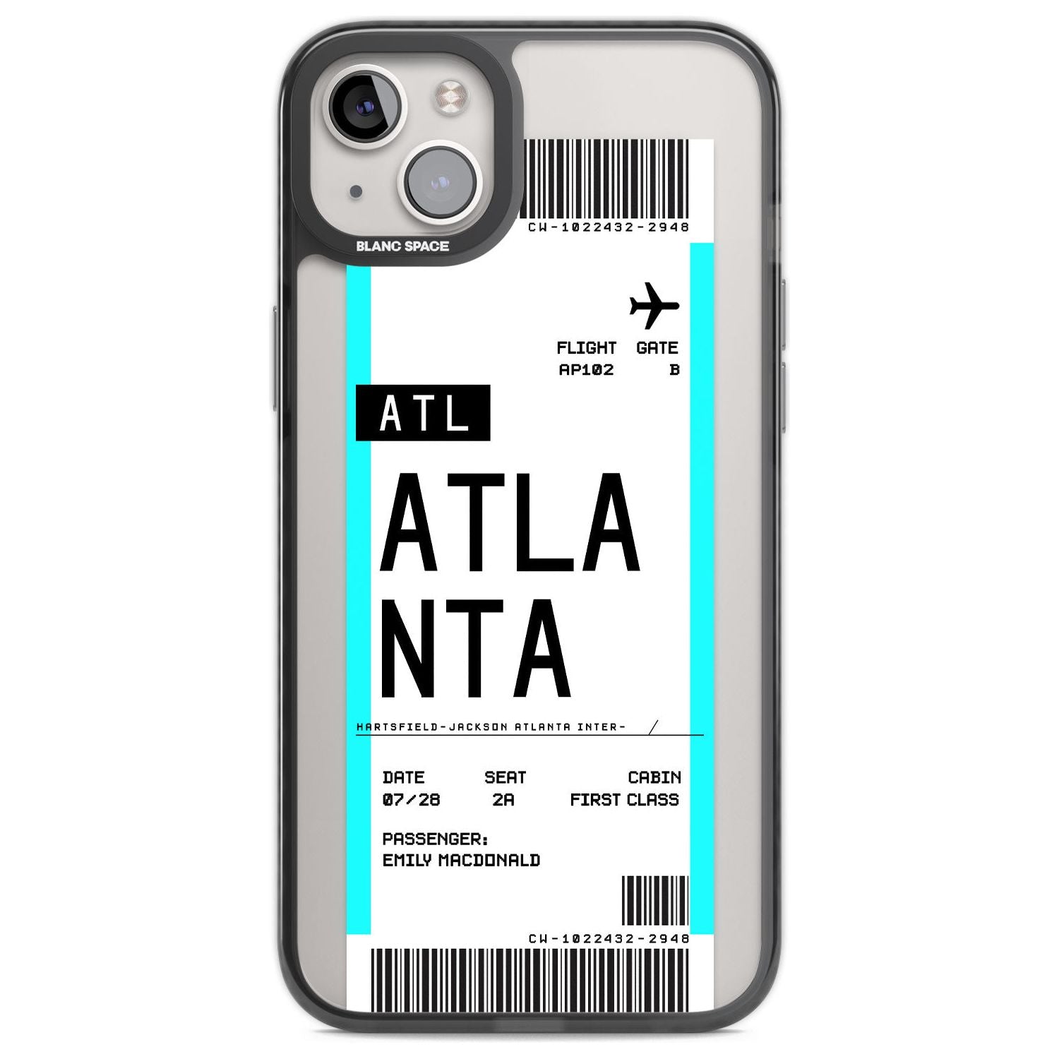 Personalised Atlanta Boarding Pass Custom Phone Case iPhone 14 Plus / Black Impact Case Blanc Space